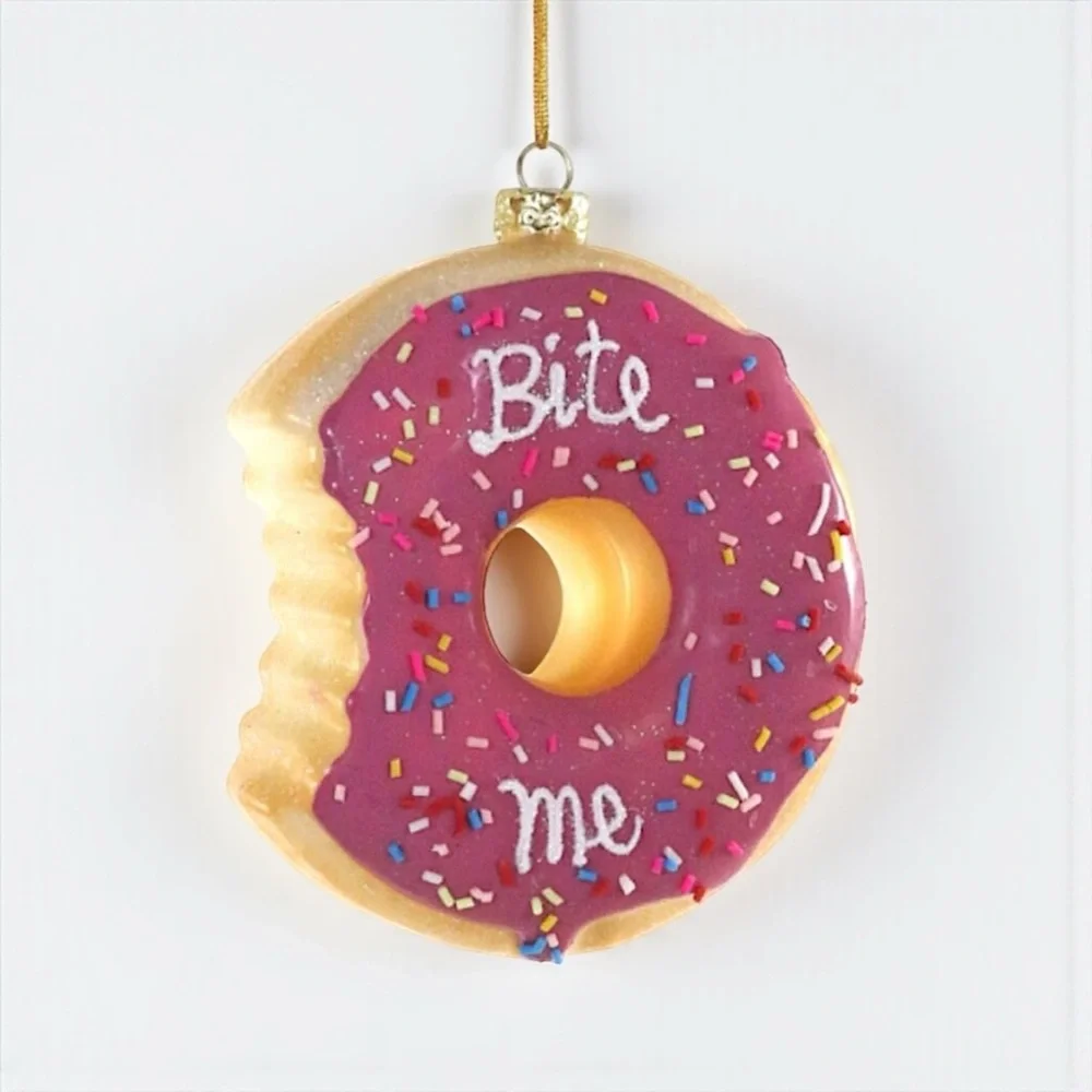 Cody Foster Donut Ornament “Bite Me” Pink Glass Xmas Ornament NWT